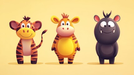 Naklejka premium Cute cartoon animals, zebra, cow, and monster