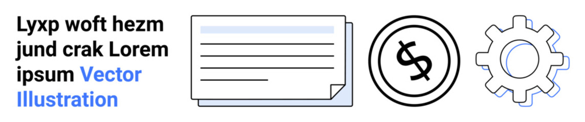 Financial document stack, coin with dollar sign, gear outline representing economy, process, management, and ideas. Ideal for finance, business tools, budgeting systems operations teamwork