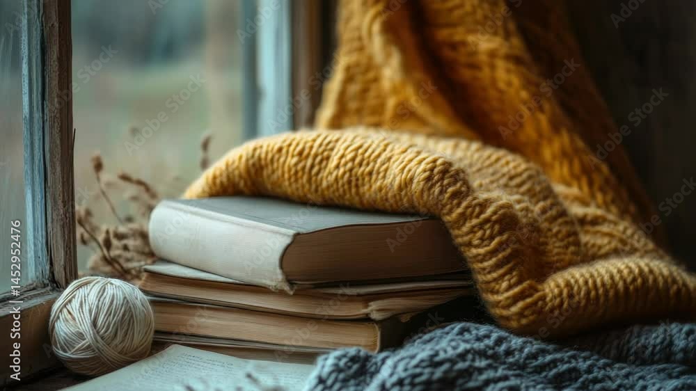 Poster Stacked books on a window sill with a view of the outside world