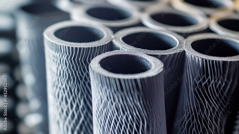 Poster close-up of grey cylindrical structures with intricate lattice patterns