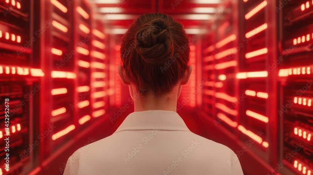 Poster female scientist in laboratory with red neon lights facing data storage units and analyzing advanced
