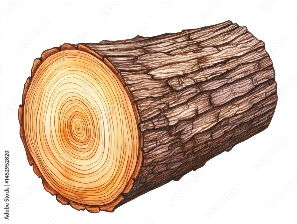 Aufkleber detailed depiction of a cross-section of a log with bark textures and tree rings visible in natural 