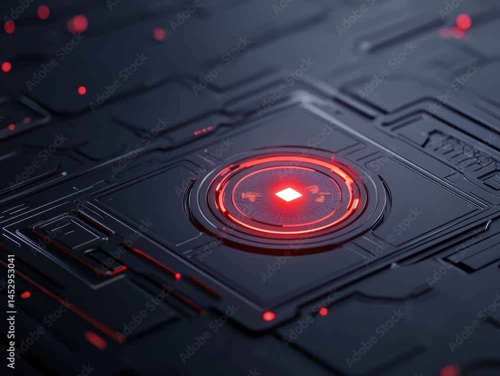 Poster abstract futuristic technology background with red glowing circle and intricate black circuit patter