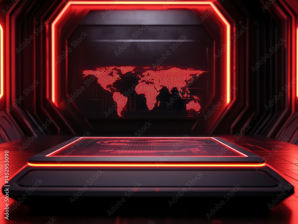 Poster futuristic digital environment with red neon lights and global map projection on display screen