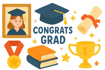 Icon set of graduation ceremony in flat style. Includes cap, diploma, medal, trophy, books and "Congrats Grad" text in catroon style isolated. Perfect for cards, posters or invitations