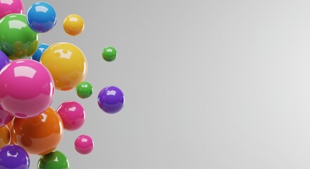 Colorful glossy round spheres scattered across a smooth surface, creating a vibrant and playful atmosphere