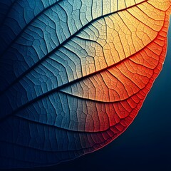 Fototapeta premium Abstract Closeup of Leaf Veins, Blue and Orange Gradient, Nature Texture