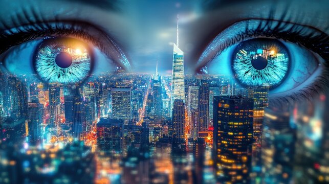 Fototapeta A mesmerizing view of New York City reflected in a vibrant blue eye, symbolizing the endless possibilities and beauty hidden within the urban landscape.