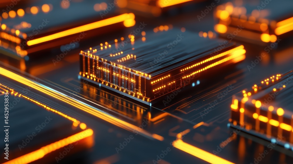 Poster futuristic technology circuit board with glowing orange leds in a dark setting for digital innovatio