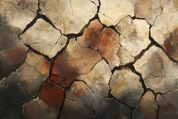 Cracked earth or wall with beige, brown, and black hues, suggesting age and damage in an abstract pattern.