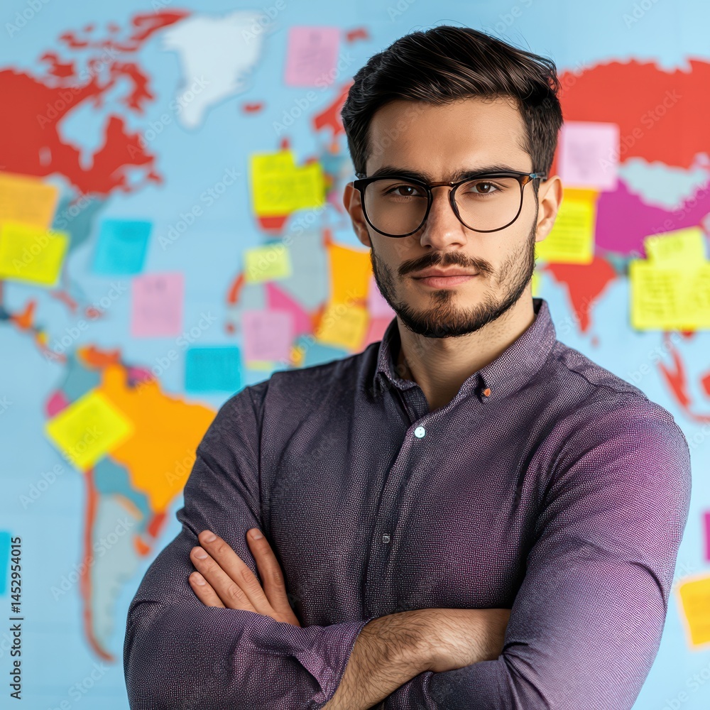 Poster young man in glasses standing in front of world map with colorful post-it notes on wall in office se