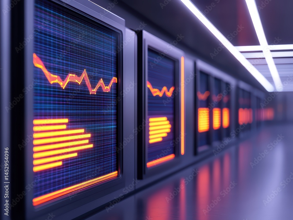 Poster modern data visualization with dynamic graphs on digital screens in a high-tech environment