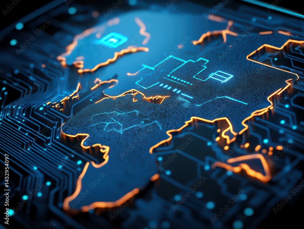 Poster digital map with circuit board design and illuminated effects in blue and orange colors, abstract te