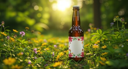 Brown bottle with colorful floral label resting among vibrant wildflowers in soft sunlight, evoking a fresh and natural beer tasting experience