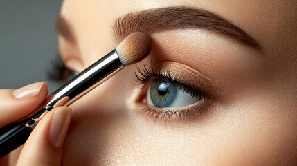 Closeup of a womans eye with makeup brush applying eyeshadow face skin girl look gold blue model