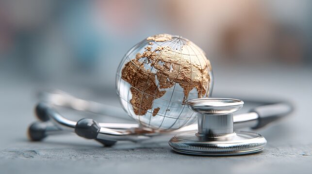 Global health sector focus with a stethoscope and a detailed globe representing worldwide medical care and health awareness in a contemporary setting