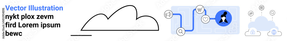 Poster cloud outline, user profile image in blue frame, highlighted data sharing paths, and icons represent