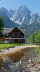 Fototapeta premium Rustic mountain chalet by a tranquil stream, nestled amidst a majestic alpine landscape. Wooden structure reflects peacefully in the water