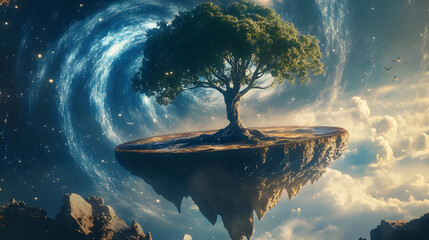 A surreal scene of a tree growing upside down from a floating island, with its roots stretching up toward a swirling galaxy