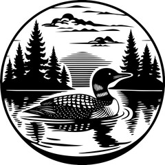 A serene artistic depiction of a common loon swimming in a northern lake, capturing nature’s tranquility.