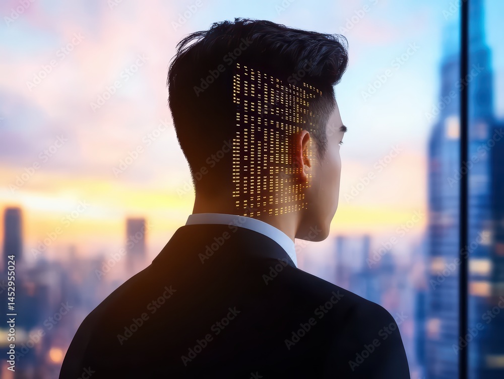 Poster futuristic man with binary code overlay against cityscape at sunrise for technology and innovation t