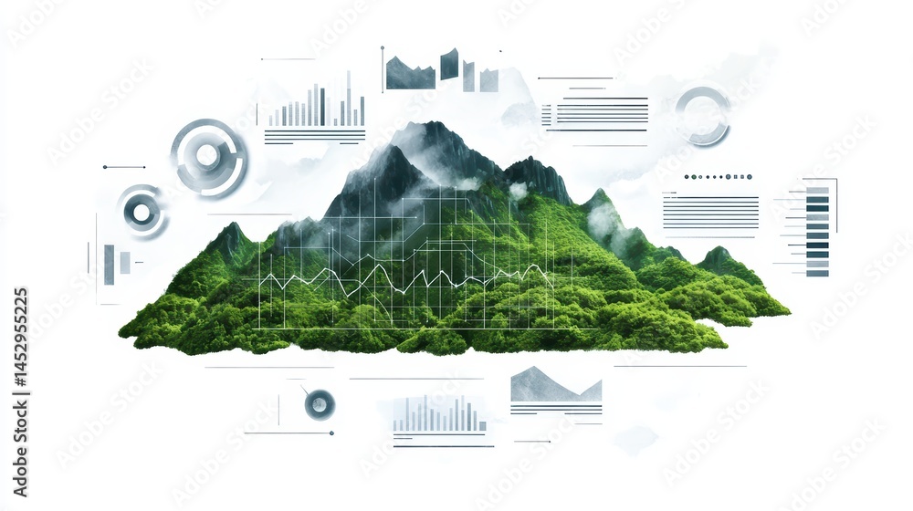 Poster digital mountain landscape with data visualization elements and graphs representing growth and analy