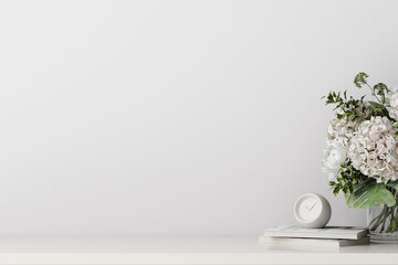 white flowers in a white vase on the wall, 3d render