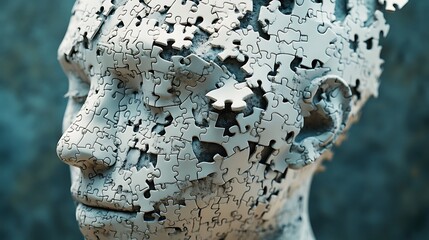 Fragmented human head design made from puzzle pieces representing cognitive processes and creativity image