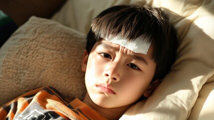 Sad sick boy resting in bed with cool compress on forehead kid care warm soft home face eyes skin