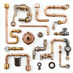 Copper and Steel Plumbing Parts Arranged on White Background