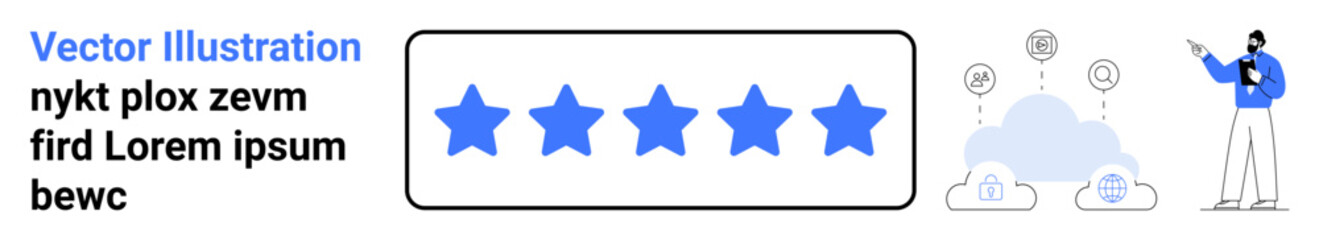 Five blue stars in a row represent a rating system, while a person analyzes data with cloud-connected symbols. Ideal for service evaluation, customer feedback, data-driven decisions, analytics