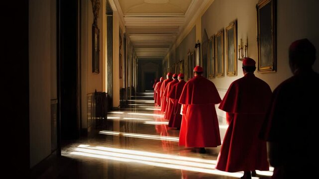 Silhouetted figures of Catholic cardinals dressed in crimson garments moving in a line down a long hallway with framed paintings and slanted sunlight on the floor. Concept of tradition and