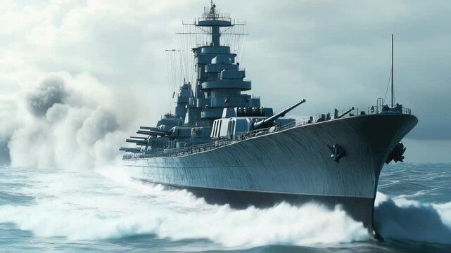 A massive warship sailing through calm waters