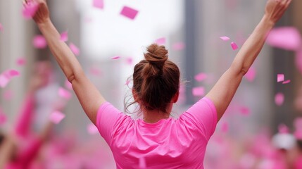a breast cancer survivor crossing the finish line, with supporters cheering and pink confetti in the air