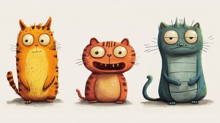 Three quirky cartoon cats in a row, varying colors and expressions