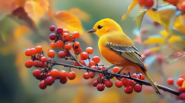 Western tanager eating red berries on a branch