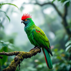 Obraz premium Resplendent Quetzal in the cloud forests of Costa Rica — A vibrant green and red bird perched on a mossy branch, surrounded by misty jungle vegetation
