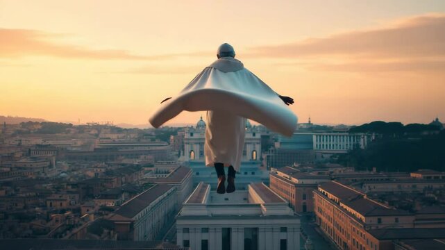 A cloaked religious figure resembling the pope hovers above the Vatican rooftops at dawn, bathed in golden sunlight, evoking a dreamlike and symbolic narrative.