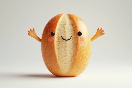 A cute, smiling bread roll with arms welcomes you with open hands on a clean white background.