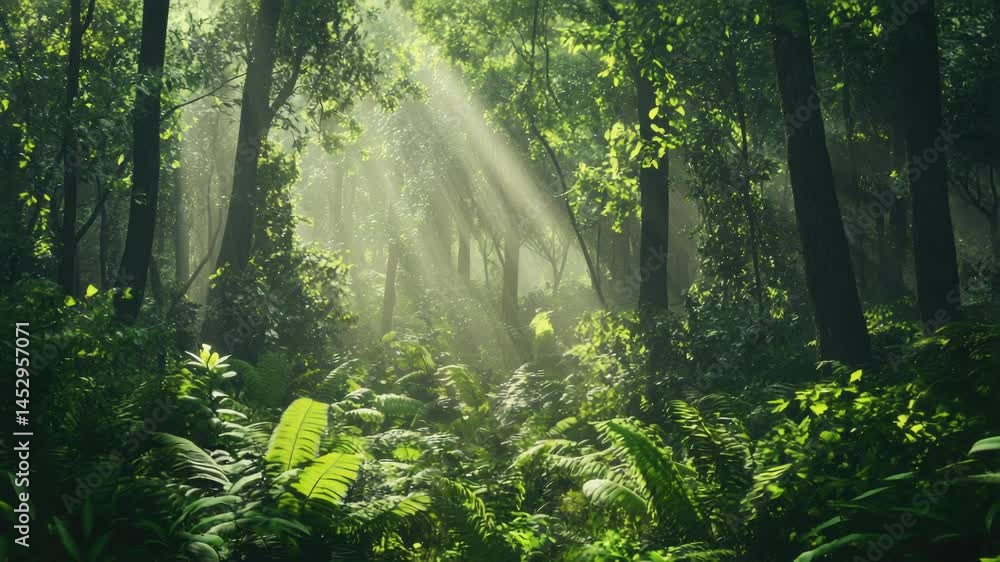 Poster a serene scene of sunlight shining down through the treetops in a dense forest, perfect for nature-t