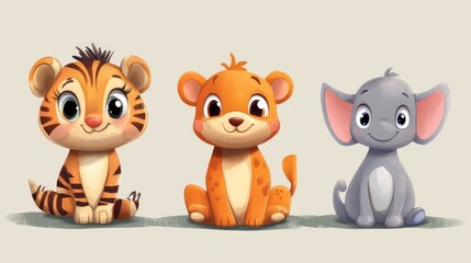 Cute cartoon animals, tiger, bear, elephant