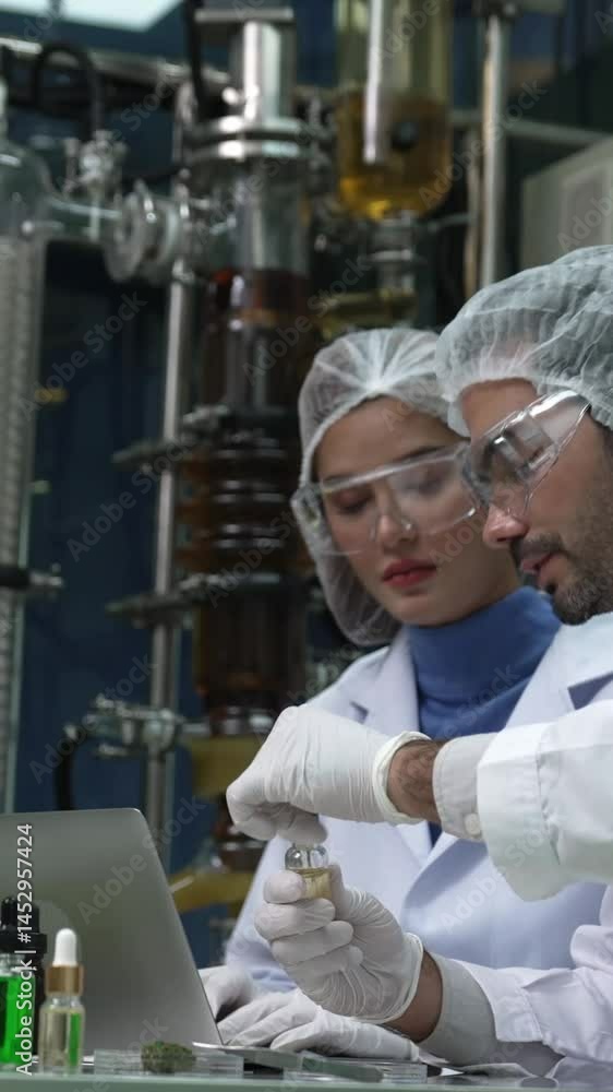 Poster two scientist in professional uniform working in curative laboratory for chemical and biomedical exp