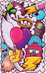 Whimsical Doodle Art with Hearts, Aliens, and Cool Characters
