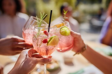 Diverse hands toasting with refreshing summer cocktails outdoors.