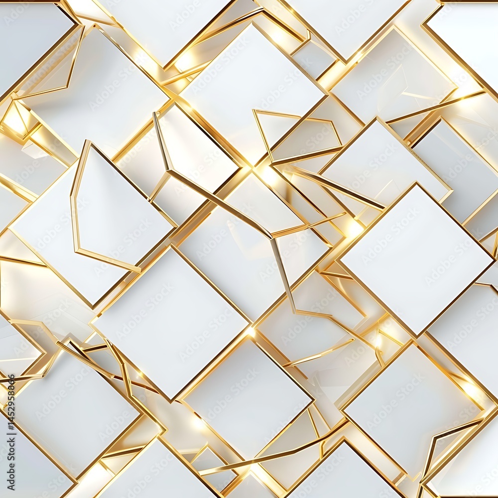 Poster abstract geometric background with overlapping white squares outlined in shiny gold. luxurious, mode