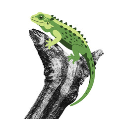 lizard on a tree branch, iguana illustration, retro halftone effect