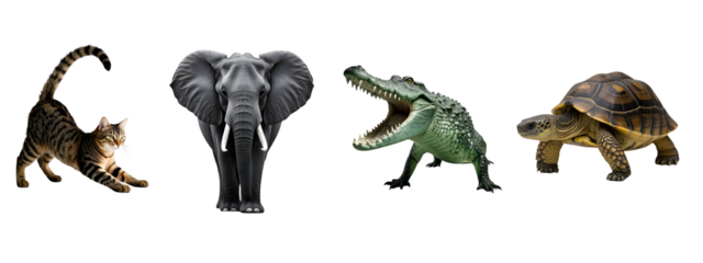 A set of cat, crocodile, elephant, turtle, nature animal isolated on transparent background.