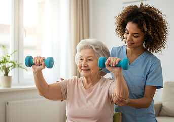 Smiling senior woman lifting dumbbells with support from a caregiver, showcasing strength and wellness in a bright, supportive interior environment.