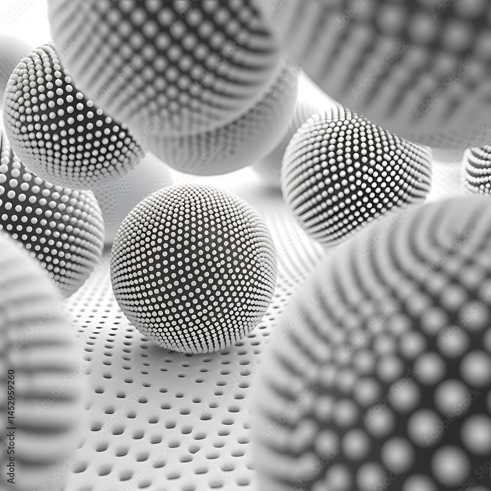 Poster abstract monochrome background of white spheres covered in a dense pattern of black dots floating ab