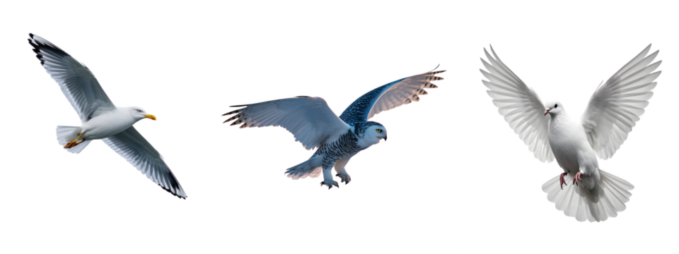 A set of Seagull in Flight , owl, white dove and bird nature animal isolated on transparent background.